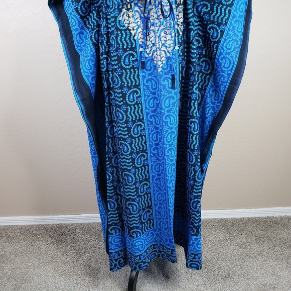 J. Gee Blue Paisley Gold Leopard Print Tie Waist Casual Comfort Maxi Dress - Picture 3 of 10